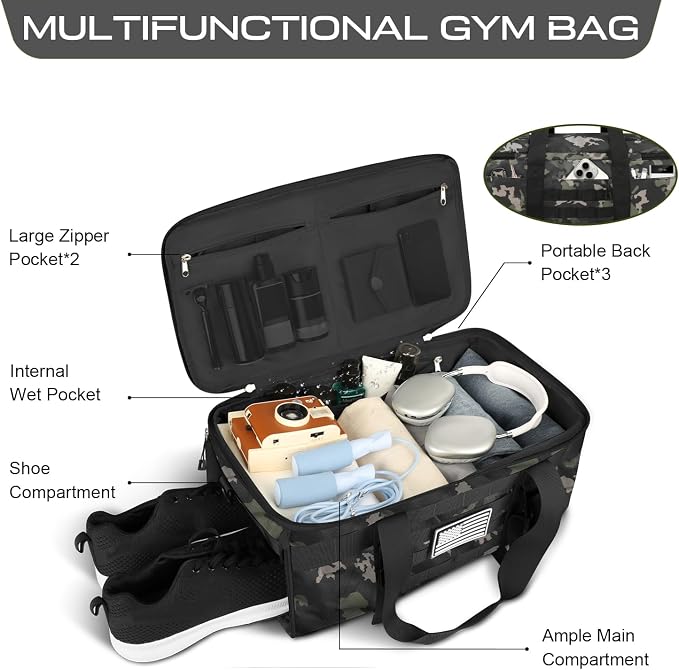 Gym Bags for Men, Tactical Duffle Bag Backpack with Shoe Compartment, 3 in 1 Carry on Bag Travel Backpack with Wet Pocket, Weekender Overnight Range Bag for Workout Football Gym, Camouflage - Image 2