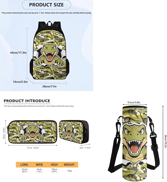 Dinosaur Backpack Set for Boys, Kids Casual School Bags Daypack Book Bag Set with Insulated Lunch Bag Pencil Pouch Water Bottle Bag 4 Pcs Set - Image 7
