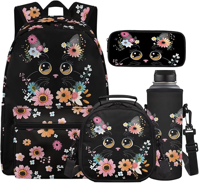 Girls Backpacks Ages 8-10 6-8 Cute Black Cat Floral Backpacks for Boys with Lunch Box 4 Piece School Bag Set 17 inch Kids Bookbag with Adjustable Starps Teens Back Pack Daypack by Unknown
