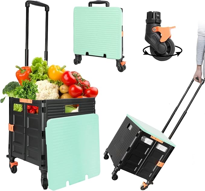 Quick Utility Cart Folding Portable Rolling Crate Handcart with Lid with Durable Heavy Duty Plastic Telescoping Handle Collapsible 4 Rotate Wheels for Travel Shopping Moving Luggage Office Use-Green - Image 5