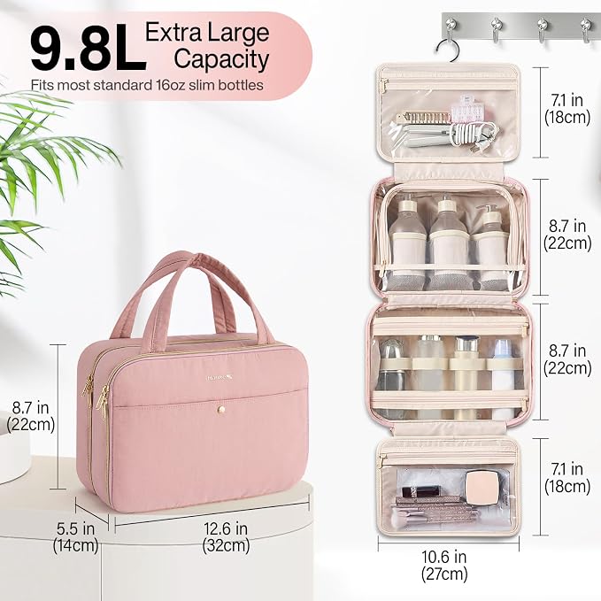 Hanke Hanging Travel Toiletry Bag with Jewelry Organizer, Pink | Large Capacity, Holds Full-Size Bottles, Water & Stain Resistant, 360° Swivel Hook, Trolley Sleeve, Women's Makeup Organizer - Image 2