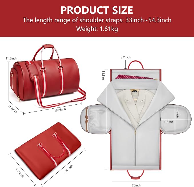 Leather Garment Bags for Travel, Convertible Carry on Garment Duffel Bag for Women, 2 in 1 Waterproof Foldable Travel Suit Bag with Shoulder Strap Weekender Bag with Shoe Pouch, Red - Image 4