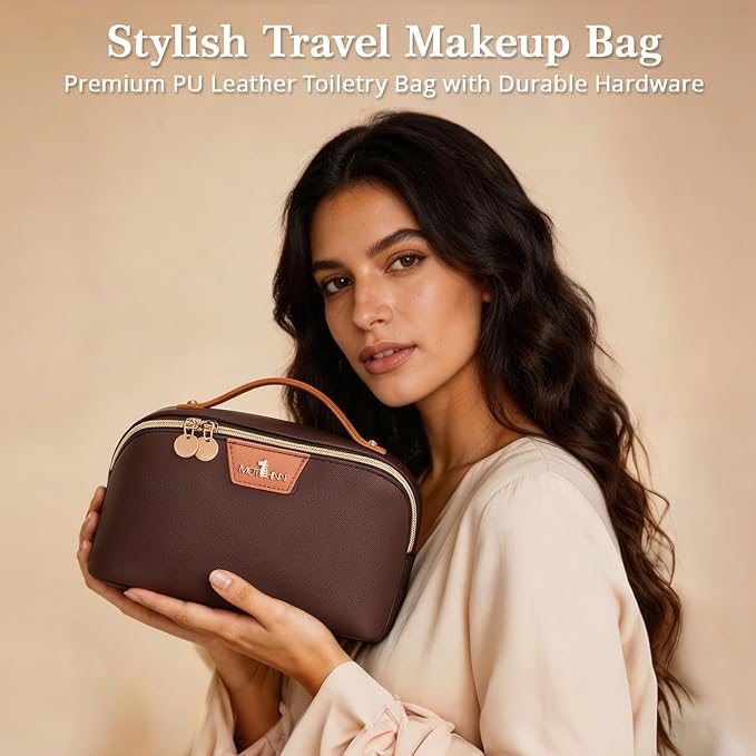 Travel Makeup Bag for Women: 3-in-1 Large Capacity Cosmetics Organizer with 2 Detachable Pouch - Vegan Leather Flat Open Toiletry Bag - Travel Essentials for Full-Sized Bottles(Coffee) - Image 9