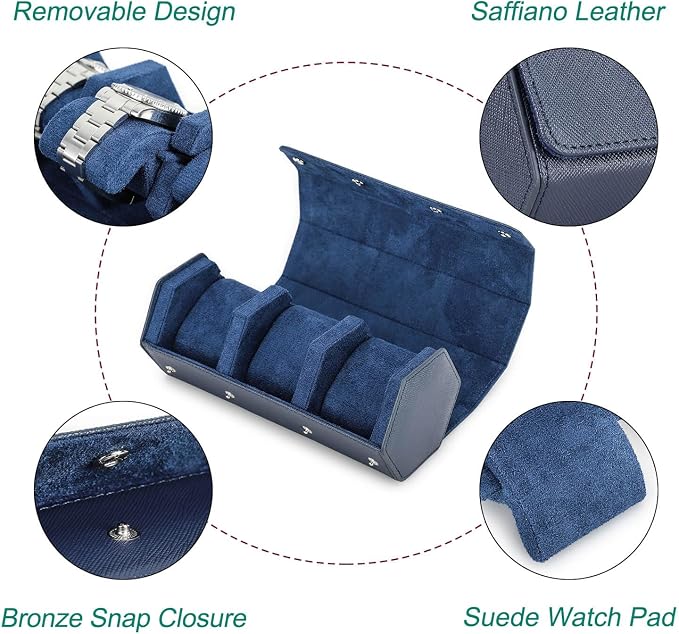 Hiram Genuine Leather Hexagon Watch Roll Travel Case, Leather 3-Watches Roll Case with Removable Pillow Cushion for Treasured Watches and Bracelets -Blue - Image 4