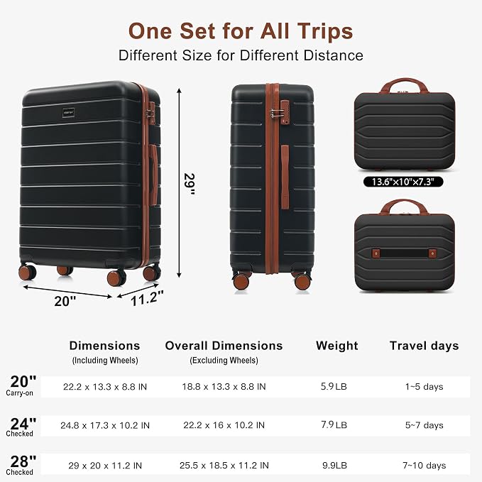 Hardshell Luggage Sets, Lightweight Stripes Suitcases with Spinner Wheels, Black 6pcs - Image 7