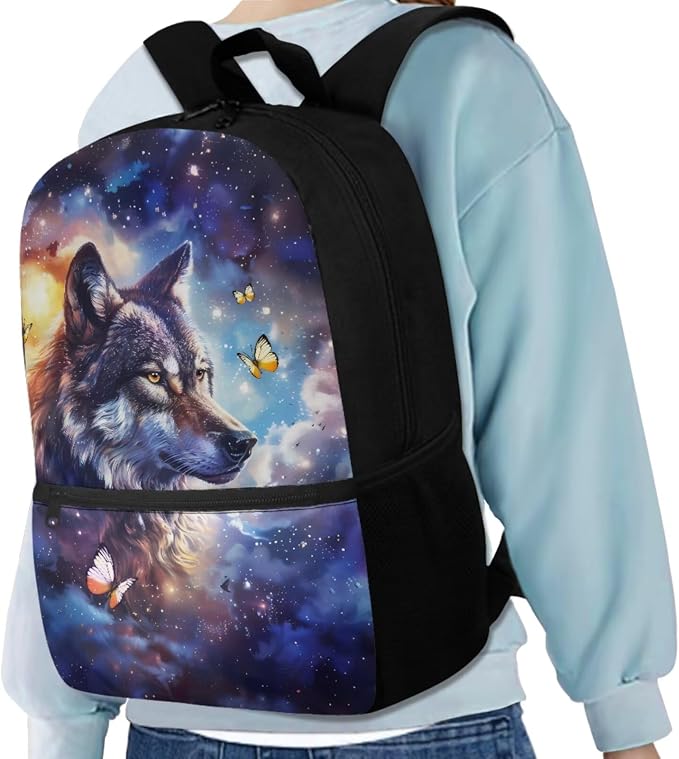 Galaxy Wolf Backpack for Girls Kids Backpack with Lunch Box Water Bottle Carrier with Strap and Soft Pencil Case 4PCS Set Bookbag with Front Pocket for School 17 inch Large Capacity School Bag - Image 2