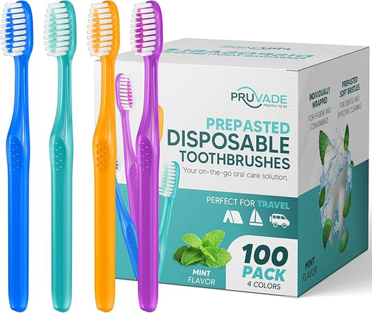 100 Pack Disposable Toothbrushes with Toothpaste Built in | Premium Quality Prepasted Toothbrushes Individually Wrapped - Waterless Toothbrush Soft Bristles for Work, Camping, Travel, Hotel