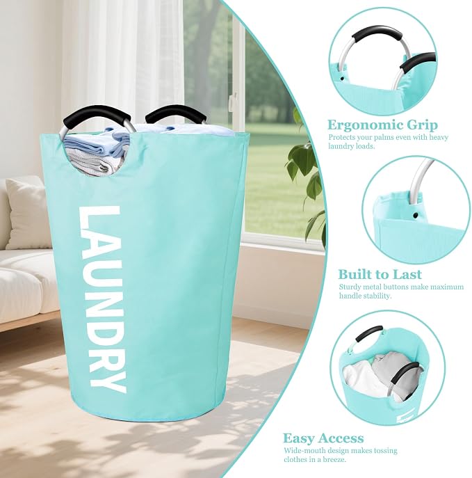 WOOHA 125L Large laundry basket,Collapsible laundry hamper, Tall Clothes Baskets Folding Washing Bin Foldable Fabric Hamper Bags for Bedroom, Closet,Bathroom,College,laundry bag,lightblue - Image 4