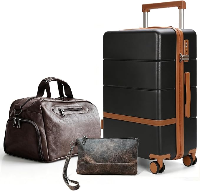 Carry On Luggage Set 3 Piece, 20 Inch Hard Shell Suitcase with Spinner Wheels Vintage PU Leather Weekender Duffel Bag TSA Lock Travel Luggage Combo for Men Women (Black) by Maungti