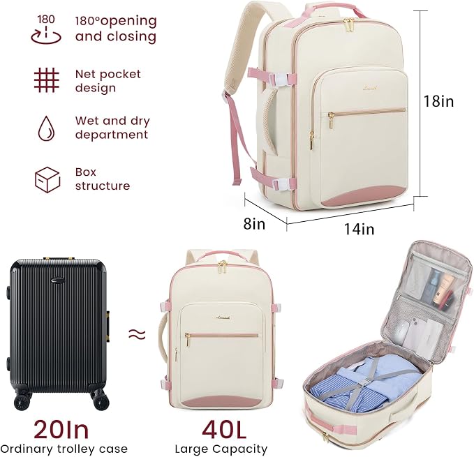 LOVEVOOK 40L Large Travel Backpack for Women Men, 17 Inch Carry on Backpack for Traveling on Airplane, Personal Item Travel Bag Airline Approved, Business Causal Weekender Backpack, Beige-Pink - Image 3