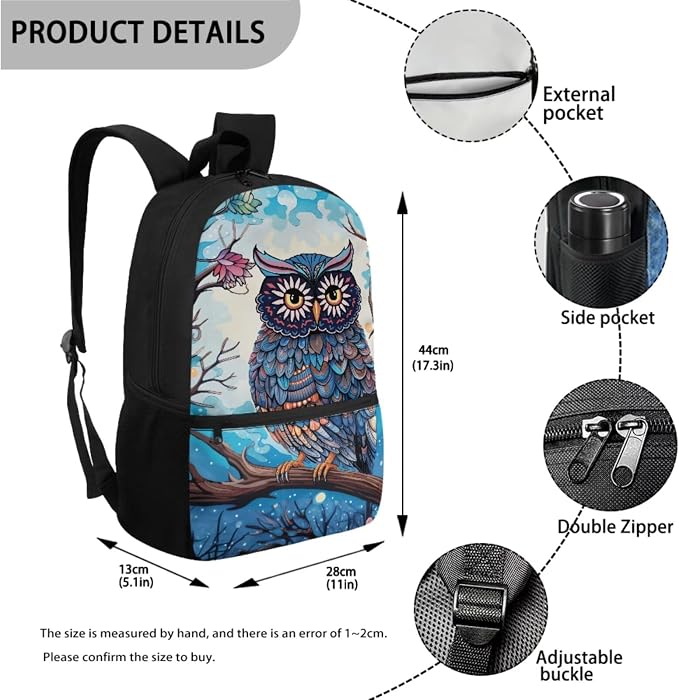Retro Owl Branch Print Schoolbag Set for Student Backpacks Large Capacity Bookbag Lunch Box Pencil Case 17 Inch Travel Laptop Bag Fashion Rucksack Washable Daypack - Image 2