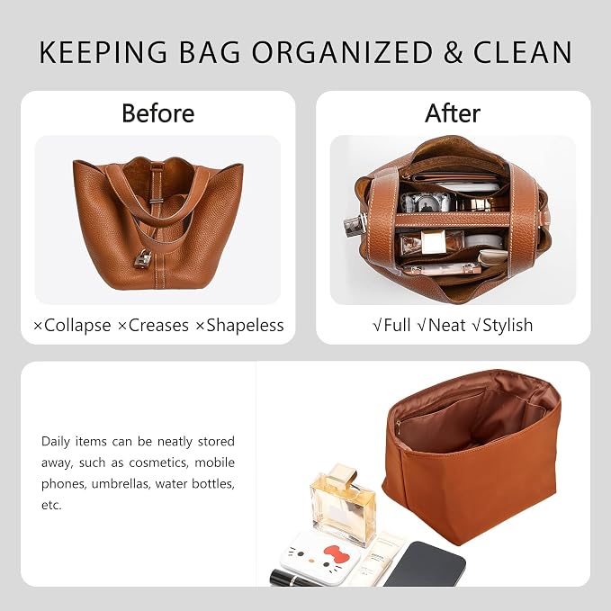 Picotin 22 Bag Insert Premium Nylon, Luxury Smooth Picotin 22 Purse Organizer Insert with Zipper Pockets, Soft Touch Inner Liner for Women's Handbags(PC22, Gold Brown) - Image 5