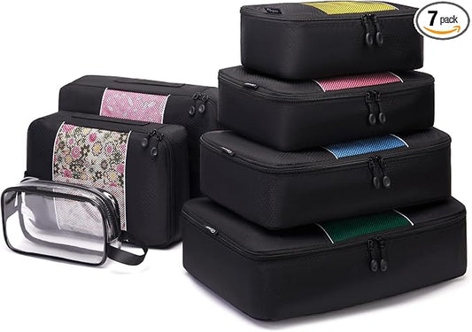 Qiyuer 7 Set Packing Cubes for Suitcase, Travel Luggage Organizer Bags Set, 1 Large 2 Medium 2 Small 1 Slim 1 Toiletry Bags Black by QIYUER