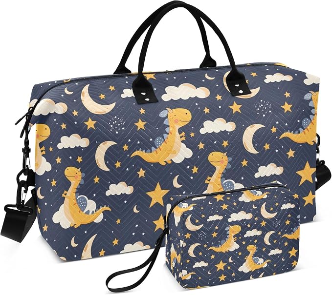Weekender Bags Travel Duffel Gym Bag Dinosaur Stars Moon Carry on Overnight Tote Bag with Toiletry Bag for Airplane Travel Trip Gym Yoga by senya