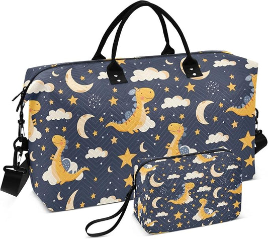 Weekender Bags Travel Duffel Gym Bag Dinosaur Stars Moon Carry on Overnight Tote Bag with Toiletry Bag for Airplane Travel Trip Gym Yoga by senya