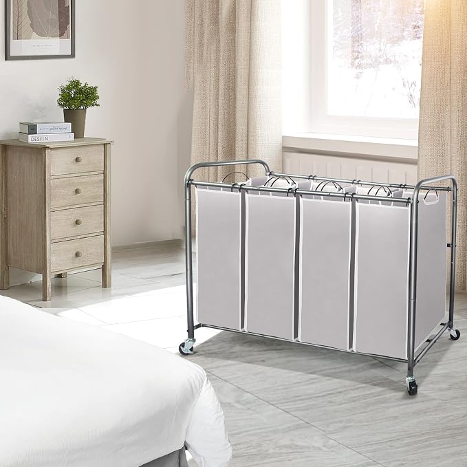STO STO Laundry Sorter 4 Section, 4 Bag Clothes Hamper, Rolling Laundry Cart Basket with Heavy Duty Lockable Wheels and Removable Bag for Laundry Room, Bedroom, Closet, Gray - Image 2