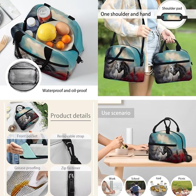 Elementary School Bags Cool Horse Backpack Kids School Bookbags with Insulated Lunch Tote Pencil Pouch 3 Pieces Set Back to School Backpack Schoolbag Set for Kids - Image 3