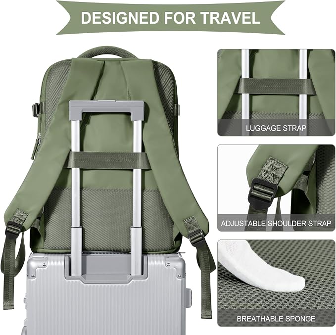 coowoz Large Travel Backpack For Women Men,Carry On Backpack Flight Approved,Hiking Backpacks Waterproof Outdoor Rucksack Casual Daypack Travel Bag Essentials Personal Item Backpack(Gray Green) - Image 6