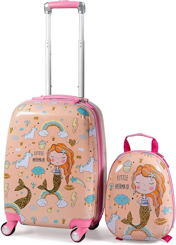 HONEY JOY Kids Luggage, 12" Toddler Backpack & 18" Travel Suitcase with Wheels, Lightweight Toddler Girls Suitcase, Durable ABS Hardshell, 2Pcs Carry On Luggage Set for Boys Girls, Pink Mermaid by HONEYJOY