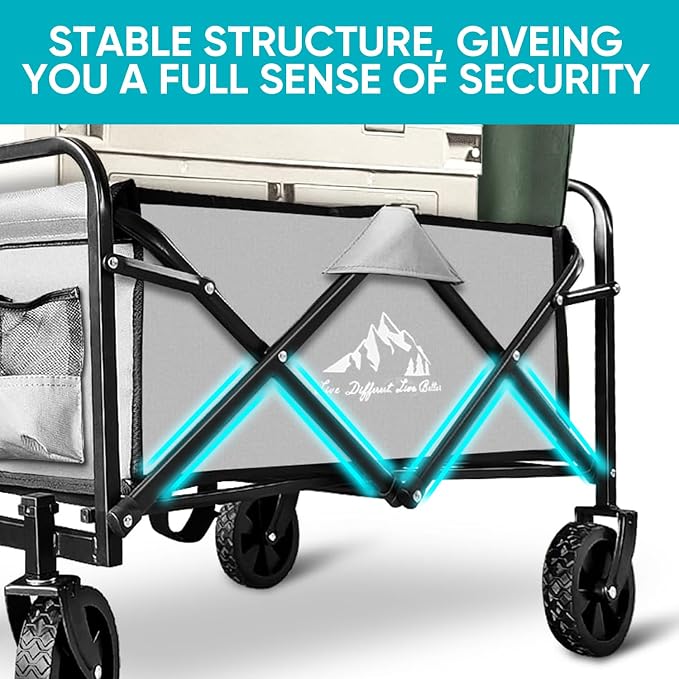 Collapsible Wagon with Quiet Wheels - Silent Grocery Shopping Cart for Seniors, Foldable Utility Cart for Laundry & Apartment, Washable Heavy Duty Rolling Wagon with Two Mesh Pockets, Gray - Image 4