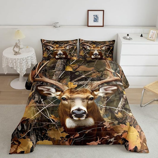 Erosebridal Kids Deer Bedding Set Queen Boys Hunting Animal Antlers Comforter Set Bedroom Decor 3 Piece Girls Oil Painting Deer Down Comforter Woodland Trees Leaves Quilted Duvet Lightweight Warm by Erosebridal