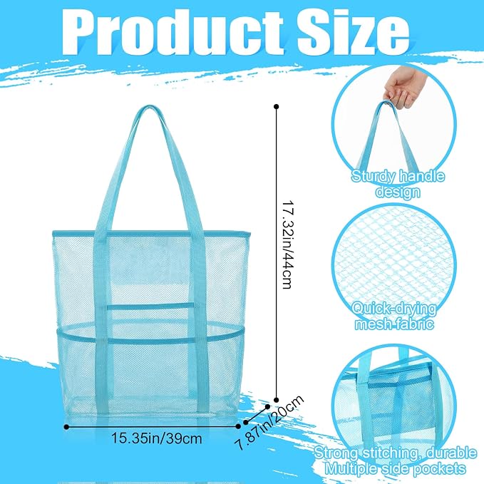 Kinlop 8 Pcs Mesh Beach Bag, Large Beach Tote Bags with Zipper, Waterproof Sandproof with 8 Pockets for Family Travel Vacation Essentials Toys Bag Pastel Colors - Image 2