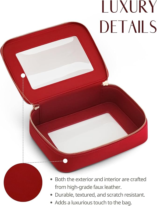 Popvibe Clear Makeup Bag Travel Cosmetic Case Toiletry Bag with Zipper, Red, Medium - Image 3