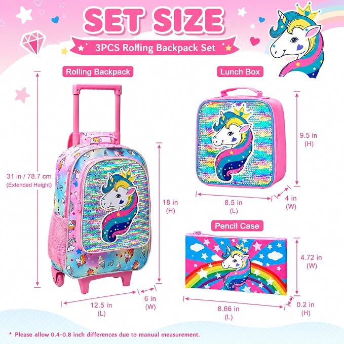 AGSDON 3PCS Rolling Backpack for Girls Boys, Kids Roller Wheels Bookbag, Wheeled School Bag with Lunch Bag - Image 4