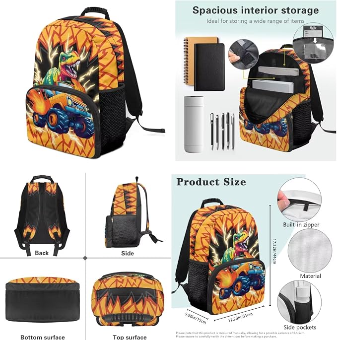 Fire Dinosaur Car Kids Elementary School Backpacks For Boys with Lunch Box Soft Pencil Case Water Bottle Sleeve for Ages 6-10 4Pcs Set 17 Inch Large Capacity Lightweight Supplies School Gift - Image 7