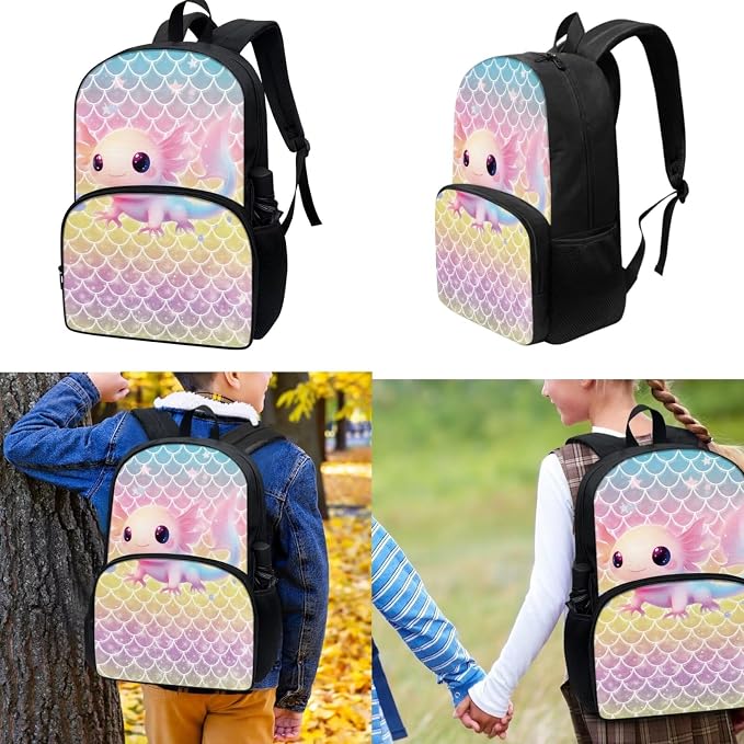 Pink Yellow Axolotl Backpack for Girls Kids High School Middle School Bag with Lunchbox Pencilcase Travel Rucksack Daypack Large Backpack with Front Pocket - Image 2