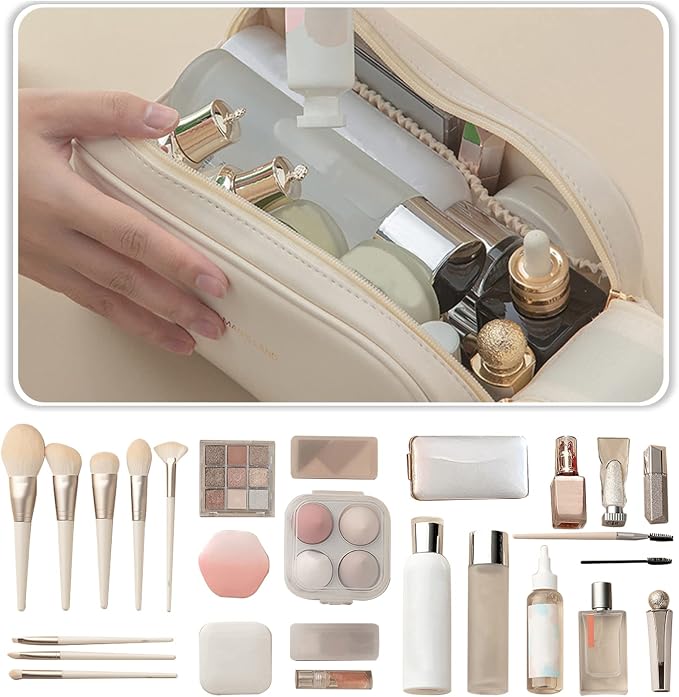 CORIOS Toiletry Bag For Women Portable Make Up Bag Waterproof Wash Bag PU Leather Cosmetic Bag Bathroom Shower Bag Multifunctional Travel Organizer For Shampoo, Cosmetics, Toiletries Brown A - Image 5
