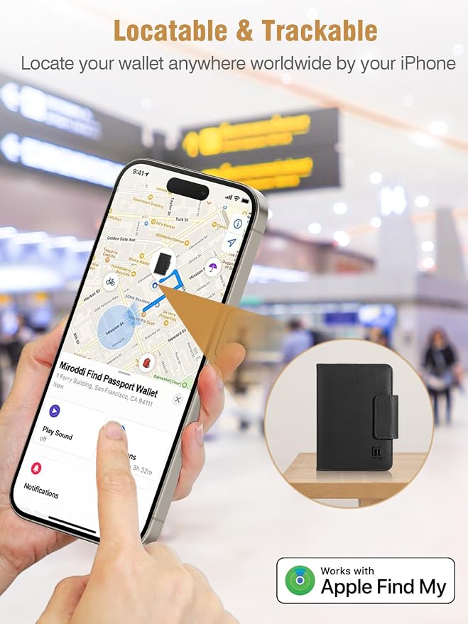 Miroddi Passport Holder for Travel, Works with Find My, Leather Passport Wallet for Travel Essentials, Passport Cover Case for Men and Women with Finder Tracker, 8 Card Slots, RFID Blocking, Black - Image 3