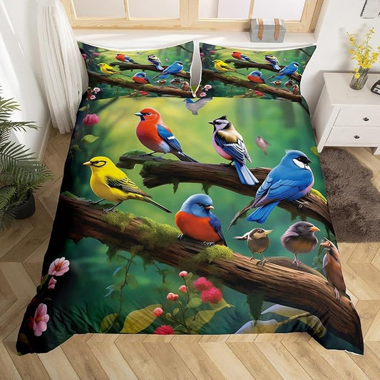 Hummingbird Duvet Cover Kids Cute Bird Comforter Cover King for Adult Women Girls Cardinal Bird Bedding Sets, Rustic Style Duvet Cover Colorful Flowers Decorative Bedding Collections by Erosebridal