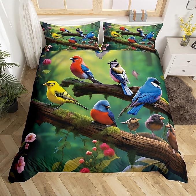Hummingbird Duvet Cover Kids Cute Bird Comforter Cover King for Adult Women Girls Cardinal Bird Bedding Sets, Rustic Style Duvet Cover Colorful Flowers Decorative Bedding Collections by Erosebridal