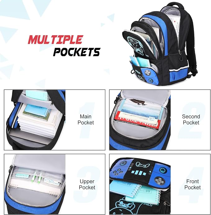 Bevalsa Backpack for School Boys,Cool Luminous Gamer Boys Backpacks with Wired Headphones Lunch Box Pencil Case,Kids Schoolbag for Teens Kindergarten Elementary School(Blue Backpack with Headphones) - Image 4