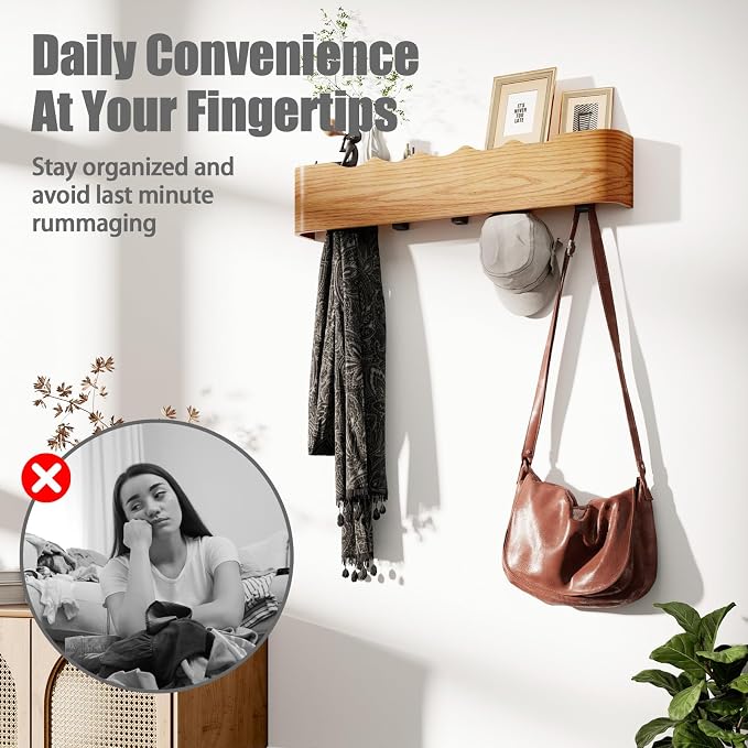 Coat Rack Wall Mount with Shelf 4 Hidden Hooks Modern Wooden Key Holder Entryway Organizer for Hallway Bedroom Bathroom Home Decor Storage for Hanging Coats Hats Bags Towels, Wave-Shape Oak - Image 5