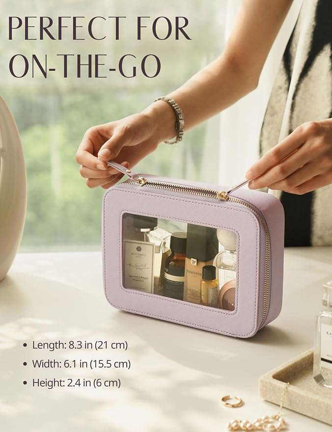 Popvibe Clear Makeup Bag Travel Cosmetic Case Transparent Toiletry Bag with Zipper, Portable Make Up Organizer Traveling Compact Car Bag for Essentials, Purple, Medium - Image 3