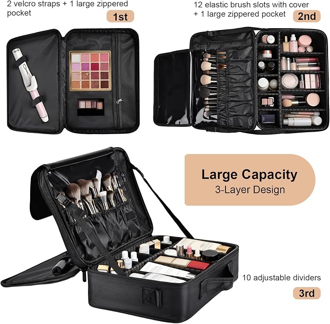 Professional Makeup Train Case with Brush Holder, Large Makeup Travel Bag Organizer, Portable Cosmetic Carry Case 3 Layer Makeup Artist Storage Box with Adjustable Dividers and Shoulder Strap, Black - Image 4