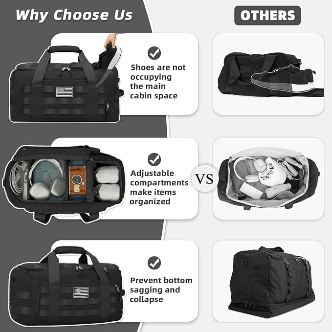 ZOMFELT Tactical Gym Bags for Men, 22x14x9 Carry On Luggage Duffle Bag for Travel, 3-in-1 Sports Basketball Soccer Bag with Removable Dividers & Shoe Compartment, Weekender Overnight Travel bag, Black - Image 7