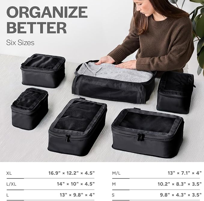 Aerotrunk Compression Packing Cubes for Travel - Luggage Organizer Bags - Double Zipper Packing Cubes for Suitcases (6-Pack, Black) - Image 3