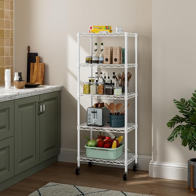 Golpart Small 5 Tier Shelves Storage Wire Shelving Unit Metal Shelf Adjustable Organizers Storage Shelving with Wheels for Bathroom Laundry Room Kitchen Pantry11.7”D x 17.7”W x 57.2”H White - Image 2