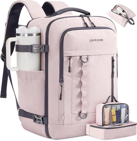 LOVEVOOK 50L Travel Backpack for Men Women, Waterproof Carry On Backpack for Work & Travel, Flight Approved Personal Item with 3 Packing Cubes,TSA Bag Fits 17.3" Laptop,Light pink by LOVEVOOK