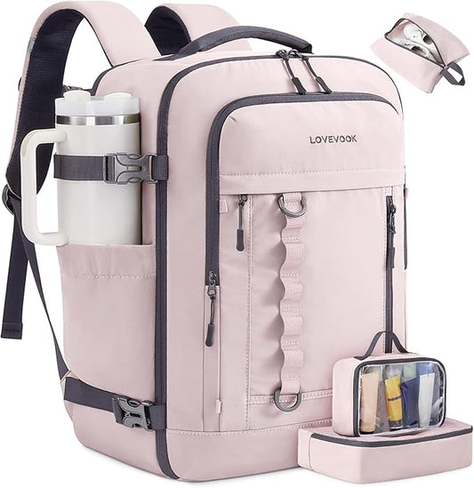 LOVEVOOK 40L Travel Backpack for Men Women, Waterproof Carry On Backpack for Work & Travel, Flight Approved Personal Item with 3 Packing Cubes, TSA Bag Fits 17.3" Laptop,Light pink by LOVEVOOK