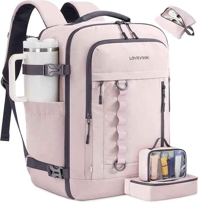 LOVEVOOK 40L Travel Backpack for Men Women, Waterproof Carry On Backpack for Work & Travel, Flight Approved Personal Item with 3 Packing Cubes, TSA Bag Fits 17.3" Laptop,Light pink by LOVEVOOK