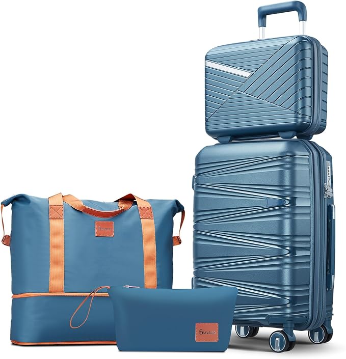 TRAVELEO 4 Piece Carry On Luggage Set 20 Inch, Expandable PP Hardshell Suitcase with Detachable Spinner Wheels TSA Lock, Includes Cosmetic Case, Travel Tote & Toiletry Bag, Lightweight (Peacock Blue) by Unknown