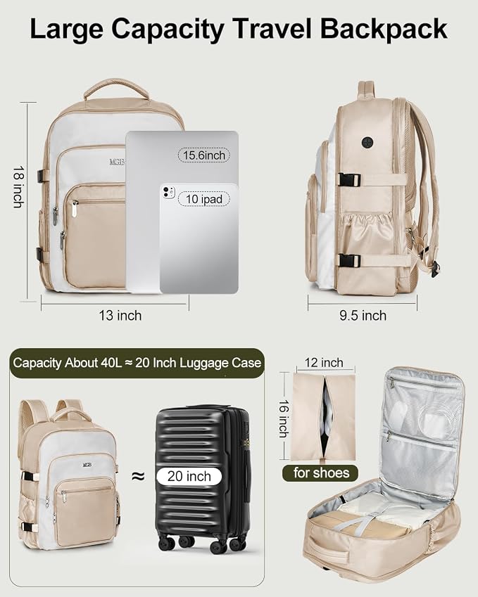 Travel Backpack for Women & Men, Carry On Personal Item Bag Flight Approved, Large Waterproof Laptop Backpack for Travel, Overnight, College & Commuting Beige-White - Image 7