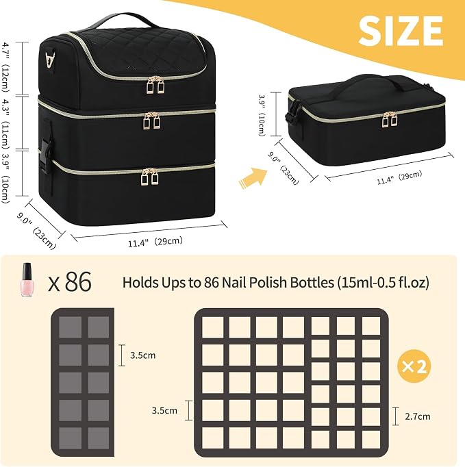 Nail Polish Organizer & Tattoo Travel Case - 3-Layer Nail Organizers and Storage Bag Holds 86-100+ Bottles, Portable Nail Supplies Organizer, Nail Tech Kit Box, Multi-Functional Cosmetic Case - Image 7