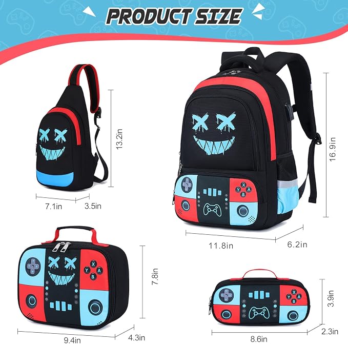 Bevalsa Backpack for School Boys, Cool Luminous Gamer Boys Schoolbag with Sling Bag,Lunch Box & Pencil Case for Kids Children Teens Elementary Middle School(Red Blue Smile Backpack with Shoulder Bag) - Image 2