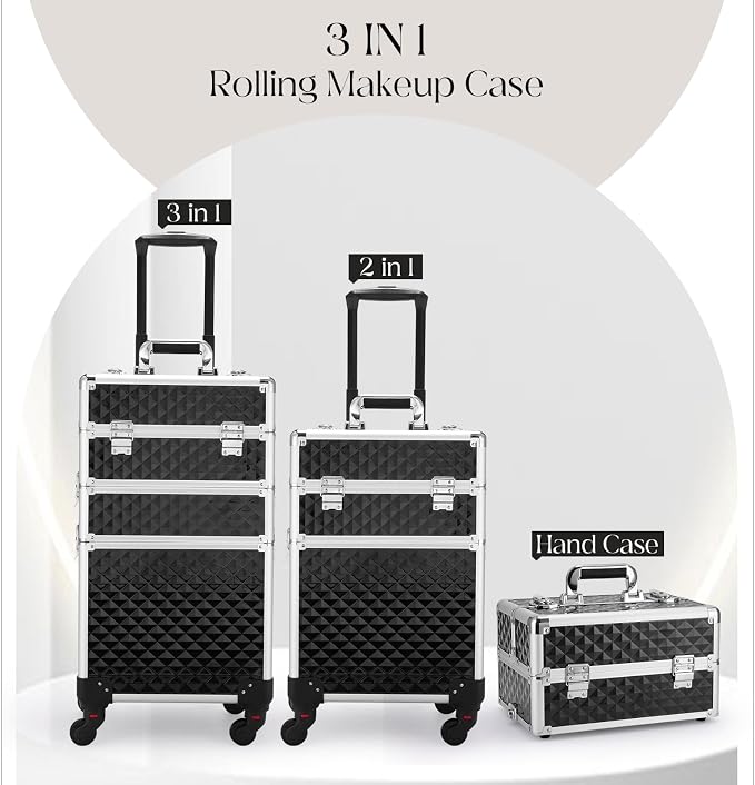 Faquenc Cosmetology Case on Wheels 3 in 1 Rolling Makeup Train Case Nail Tech Makeup Organizers Storage Cart Cosmetic Trolley Travel Barber Suitcase for Make up Artist Manicure Hair Lockable, Black - Image 2