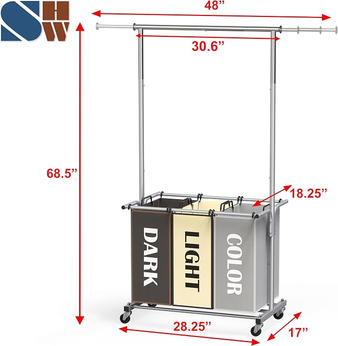 Simple Houseware 3 Bags Laundry Sorter Cart with Hanging Rod, Multi Color | Extendable Width from 30.6 to 48", Removable 3-Section Laundry Basket - Image 3